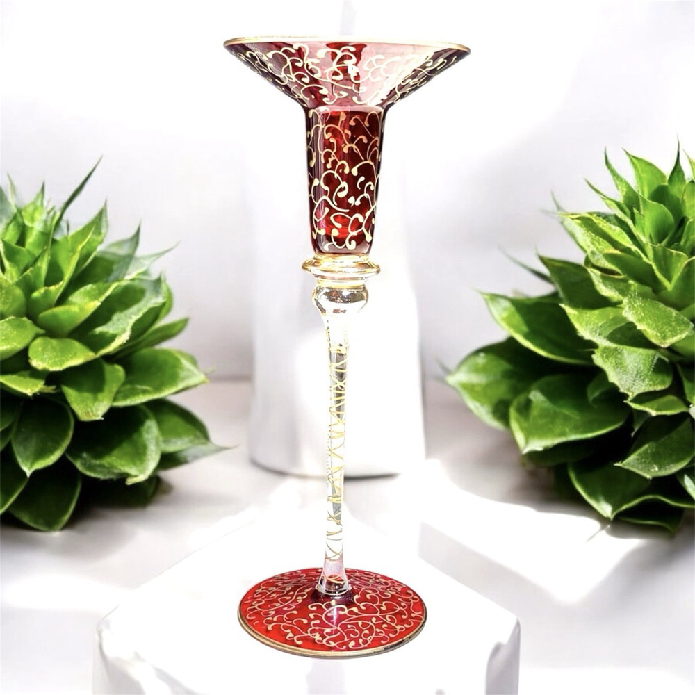 Tall Red and Clear Sun Catcher Candlestick Holder with Gold Rim and Accents 10in
